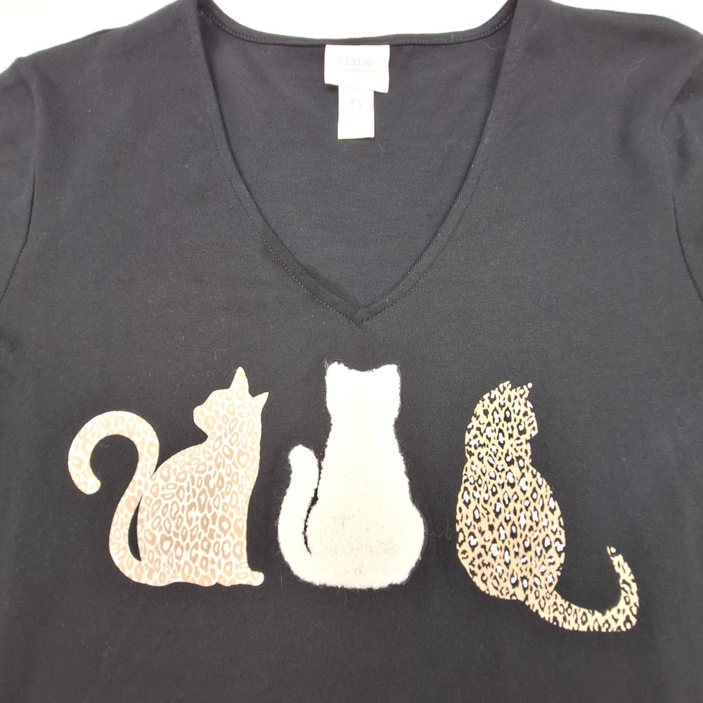 Weekends by Chicos Top Womens Small Black Cat Leopard Graphic V-Neck